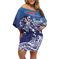 Samoa Manuia le Aso Tuto'atasi Siapo Motif Off Shoulder Short Dress Warrior with Nifo Oti LT7 Women Blue - Polynesian Pride