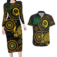 Vanuatu Personalized Aboriginal Arts Couples Matching Long Sleeve Bodycon Dress and Hawaiian Shirt Turtle and Iguana Special - Polynesian Pride