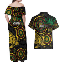 Vanuatu Personalized Aboriginal Arts Couples Matching Off Shoulder Maxi Dress and Hawaiian Shirt Turtle and Iguana Special - Polynesian Pride