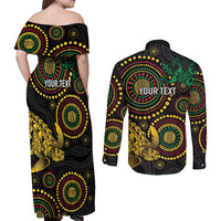 Vanuatu Personalized Aboriginal Arts Couples Matching Off Shoulder Maxi Dress and Long Sleeve Button Shirt Turtle and Iguana Special - Polynesian Pride