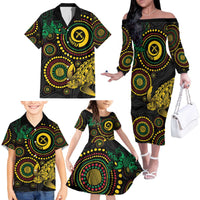 Vanuatu Personalized Aboriginal Arts Family Matching Off The Shoulder Long Sleeve Dress and Hawaiian Shirt Turtle and Iguana Special - Polynesian Pride