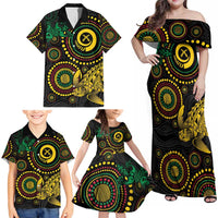 Vanuatu Personalized Aboriginal Arts Family Matching Off Shoulder Maxi Dress and Hawaiian Shirt Turtle and Iguana Special - Polynesian Pride