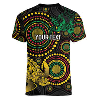 Vanuatu Personalized Aboriginal Arts Women V-Neck T-Shirt Turtle and Iguana Special - Polynesian Pride