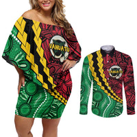 Vanuatu Personalized Tribal Couples Matching Off Shoulder Short Dress and Long Sleeve Button Shirt Aboriginal Inspired Mix Style - Polynesian Pride