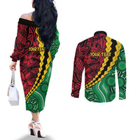 Vanuatu Personalized Tribal Couples Matching Off The Shoulder Long Sleeve Dress and Long Sleeve Button Shirt Aboriginal Inspired Mix Style - Polynesian Pride
