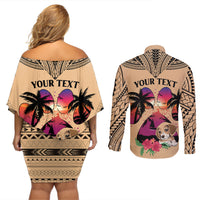 Personalised Polynesian Couples Matching Off Shoulder Short Dress and Long Sleeve Button Shirts Dog Lover With Beagle - Sunset At The Beach LT7 - Polynesian Pride