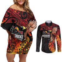 Papua New Guinea Personalised Couples Matching Off Shoulder Short Dress and Long Sleeve Button Shirt Grunge Style 49th Independence Anni LT7 Black Red - Polynesian Pride