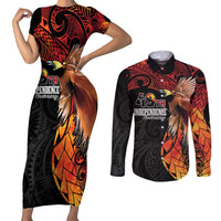 Papua New Guinea Personalised Couples Matching Short Sleeve Bodycon Dress and Long Sleeve Button Shirt Grunge Style 49th Independence Anni LT7 Black Red - Polynesian Pride