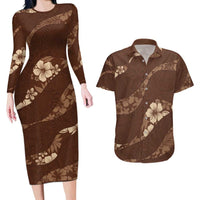 Aloha Hawaii Floral Tapa Couples Matching Long Sleeve Bodycon Dress and Hawaiian Shirt Patchwork Mocha - Polynesian Pride