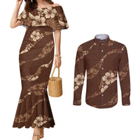 Aloha Hawaii Floral Tapa Couples Matching Mermaid Dress and Long Sleeve Button Shirt Patchwork Mocha - Polynesian Pride