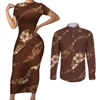 Aloha Hawaii Floral Tapa Couples Matching Short Sleeve Bodycon Dress and Long Sleeve Button Shirt Patchwork Mocha - Polynesian Pride