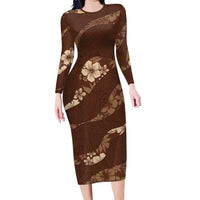 Aloha Hawaii Floral Tapa Family Matching Long Sleeve Bodycon Dress and Hawaiian Shirt Patchwork Mocha - Polynesian Pride