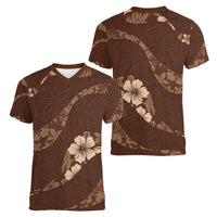 Aloha Hawaii Floral Tapa Women V-Neck T-Shirt Patchwork Mocha - Polynesian Pride