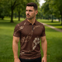 Aloha Hawaii Floral Tapa Zipper Polo Shirt Patchwork Mocha - Polynesian Pride