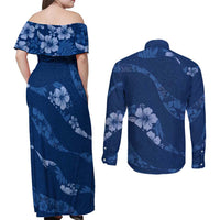 Aloha Hawaii Floral Tapa Couples Matching Off Shoulder Maxi Dress and Long Sleeve Button Shirt Patchwork Navy - Polynesian Pride