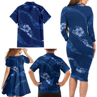 Aloha Hawaii Floral Tapa Family Matching Long Sleeve Bodycon Dress and Hawaiian Shirt Patchwork Navy - Polynesian Pride