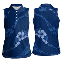 Aloha Hawaii Floral Tapa Women Sleeveless Polo Shirt Patchwork Navy - Polynesian Pride