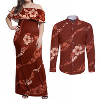 Aloha Hawaii Floral Tapa Couples Matching Off Shoulder Maxi Dress and Long Sleeve Button Shirt Patchwork Crimson - Polynesian Pride