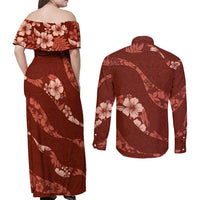 Aloha Hawaii Floral Tapa Couples Matching Off Shoulder Maxi Dress and Long Sleeve Button Shirt Patchwork Crimson - Polynesian Pride
