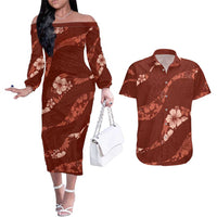 Aloha Hawaii Floral Tapa Couples Matching Off The Shoulder Long Sleeve Dress and Hawaiian Shirt Patchwork Crimson - Polynesian Pride