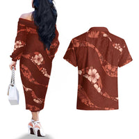 Aloha Hawaii Floral Tapa Couples Matching Off The Shoulder Long Sleeve Dress and Hawaiian Shirt Patchwork Crimson - Polynesian Pride