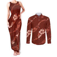 Aloha Hawaii Floral Tapa Couples Matching Tank Maxi Dress and Long Sleeve Button Shirt Patchwork Crimson - Polynesian Pride