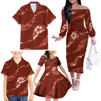 Aloha Hawaii Floral Tapa Family Matching Off The Shoulder Long Sleeve Dress and Hawaiian Shirt Patchwork Crimson - Polynesian Pride