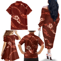 Aloha Hawaii Floral Tapa Family Matching Off The Shoulder Long Sleeve Dress and Hawaiian Shirt Patchwork Crimson - Polynesian Pride