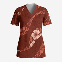 Aloha Hawaii Floral Tapa Scrub Top Patchwork Crimson - Polynesian Pride