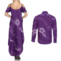 Aloha Hawaii Floral Tapa Couples Matching Summer Maxi Dress and Long Sleeve Button Shirt Patchwork Violet - Polynesian Pride