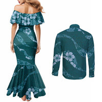 Aloha Hawaii Floral Tapa Couples Matching Mermaid Dress and Long Sleeve Button Shirt Patchwork Teal - Polynesian Pride