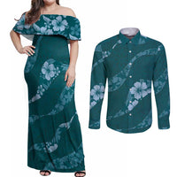 Aloha Hawaii Floral Tapa Couples Matching Off Shoulder Maxi Dress and Long Sleeve Button Shirt Patchwork Teal - Polynesian Pride