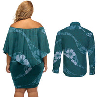 Aloha Hawaii Floral Tapa Couples Matching Off Shoulder Short Dress and Long Sleeve Button Shirt Patchwork Teal - Polynesian Pride