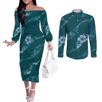 Aloha Hawaii Floral Tapa Couples Matching Off The Shoulder Long Sleeve Dress and Long Sleeve Button Shirt Patchwork Teal - Polynesian Pride