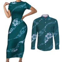 Aloha Hawaii Floral Tapa Couples Matching Short Sleeve Bodycon Dress and Long Sleeve Button Shirt Patchwork Teal - Polynesian Pride