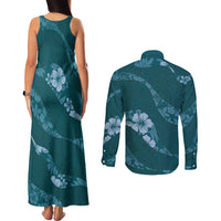 Aloha Hawaii Floral Tapa Couples Matching Tank Maxi Dress and Long Sleeve Button Shirt Patchwork Teal - Polynesian Pride