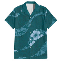 Aloha Hawaii Floral Tapa Family Matching Long Sleeve Bodycon Dress and Hawaiian Shirt Patchwork Teal - Polynesian Pride