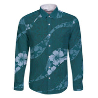 Aloha Hawaii Floral Tapa Family Matching Long Sleeve Bodycon Dress and Hawaiian Shirt Patchwork Teal - Polynesian Pride