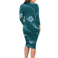 Aloha Hawaii Floral Tapa Family Matching Long Sleeve Bodycon Dress and Hawaiian Shirt Patchwork Teal - Polynesian Pride
