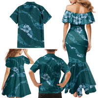 Aloha Hawaii Floral Tapa Family Matching Mermaid Dress and Hawaiian Shirt Patchwork Teal - Polynesian Pride