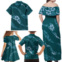 Aloha Hawaii Floral Tapa Family Matching Off Shoulder Maxi Dress and Hawaiian Shirt Patchwork Teal - Polynesian Pride