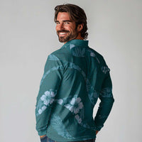 Aloha Hawaii Floral Tapa Long Sleeve Polo Shirt Patchwork Teal - Polynesian Pride