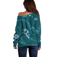 Aloha Hawaii Floral Tapa Off Shoulder Sweater Patchwork Teal - Polynesian Pride