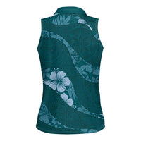 Aloha Hawaii Floral Tapa Women Sleeveless Polo Shirt Patchwork Teal - Polynesian Pride