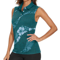 Aloha Hawaii Floral Tapa Women Sleeveless Polo Shirt Patchwork Teal - Polynesian Pride
