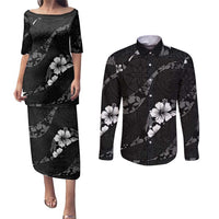 Aloha Hawaii Floral Tapa Couples Matching Puletasi and Long Sleeve Button Shirt Patchwork Charcoal - Polynesian Pride