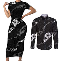 Aloha Hawaii Floral Tapa Couples Matching Short Sleeve Bodycon Dress and Long Sleeve Button Shirt Patchwork Charcoal - Polynesian Pride