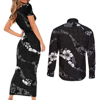 Aloha Hawaii Floral Tapa Couples Matching Short Sleeve Bodycon Dress and Long Sleeve Button Shirt Patchwork Charcoal - Polynesian Pride