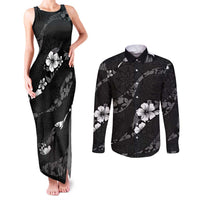 Aloha Hawaii Floral Tapa Couples Matching Tank Maxi Dress and Long Sleeve Button Shirt Patchwork Charcoal - Polynesian Pride