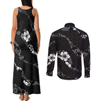 Aloha Hawaii Floral Tapa Couples Matching Tank Maxi Dress and Long Sleeve Button Shirt Patchwork Charcoal - Polynesian Pride